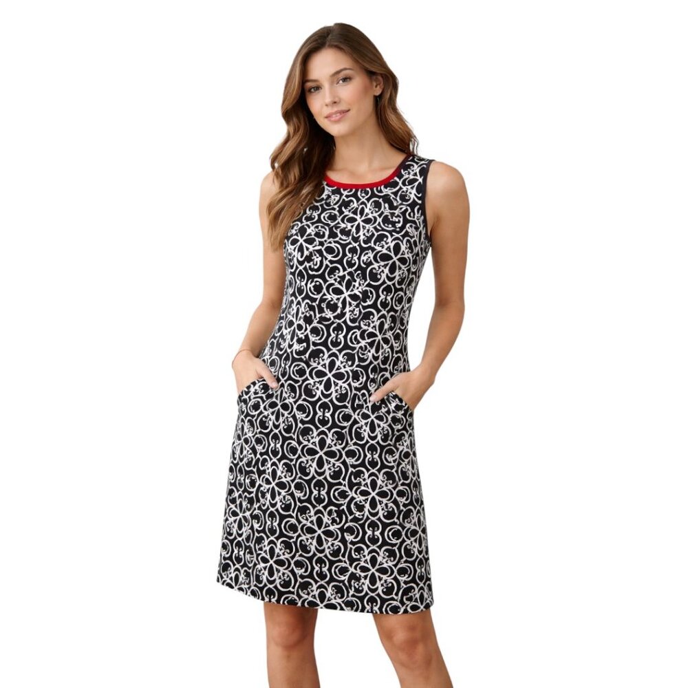 London Times Sleeveless Scroll Print Dress Black White Knee Length Pockets 10